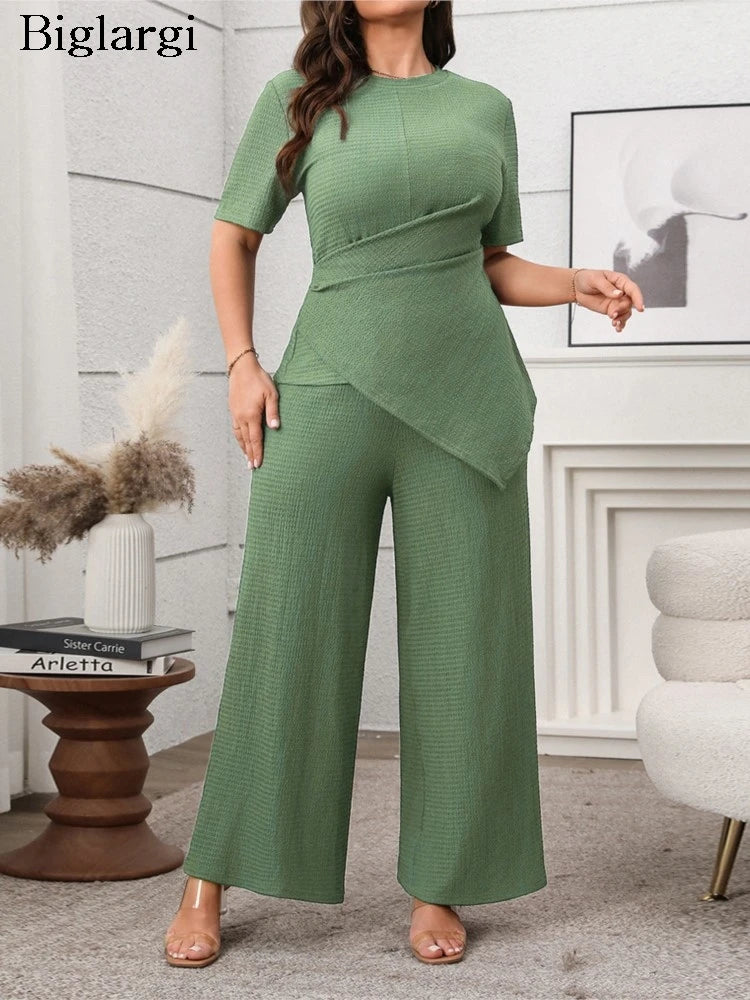 Plus Size Summer 2 Two Piece Set Women Irregular Slim Waist Fashion Ladies Blouses Wide Leg Loose Pleated Woman Long Pants