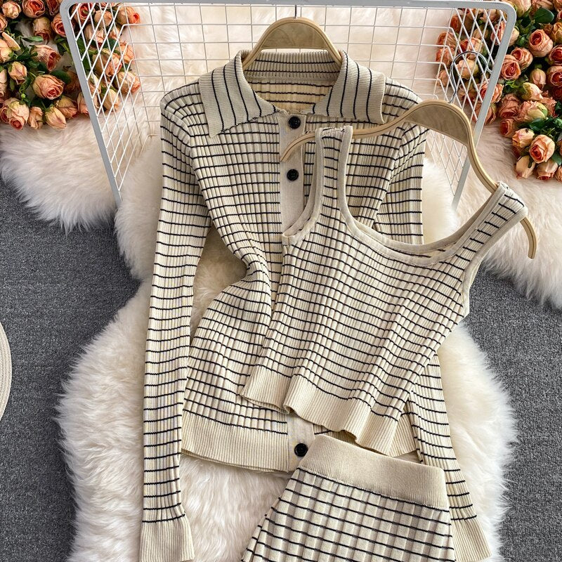 Women 3 Piece Set 2024 Autumn New Korean Style Temperament Fashion Suit Plaid Knitted Cardigan Bottoming Camisole Skirt