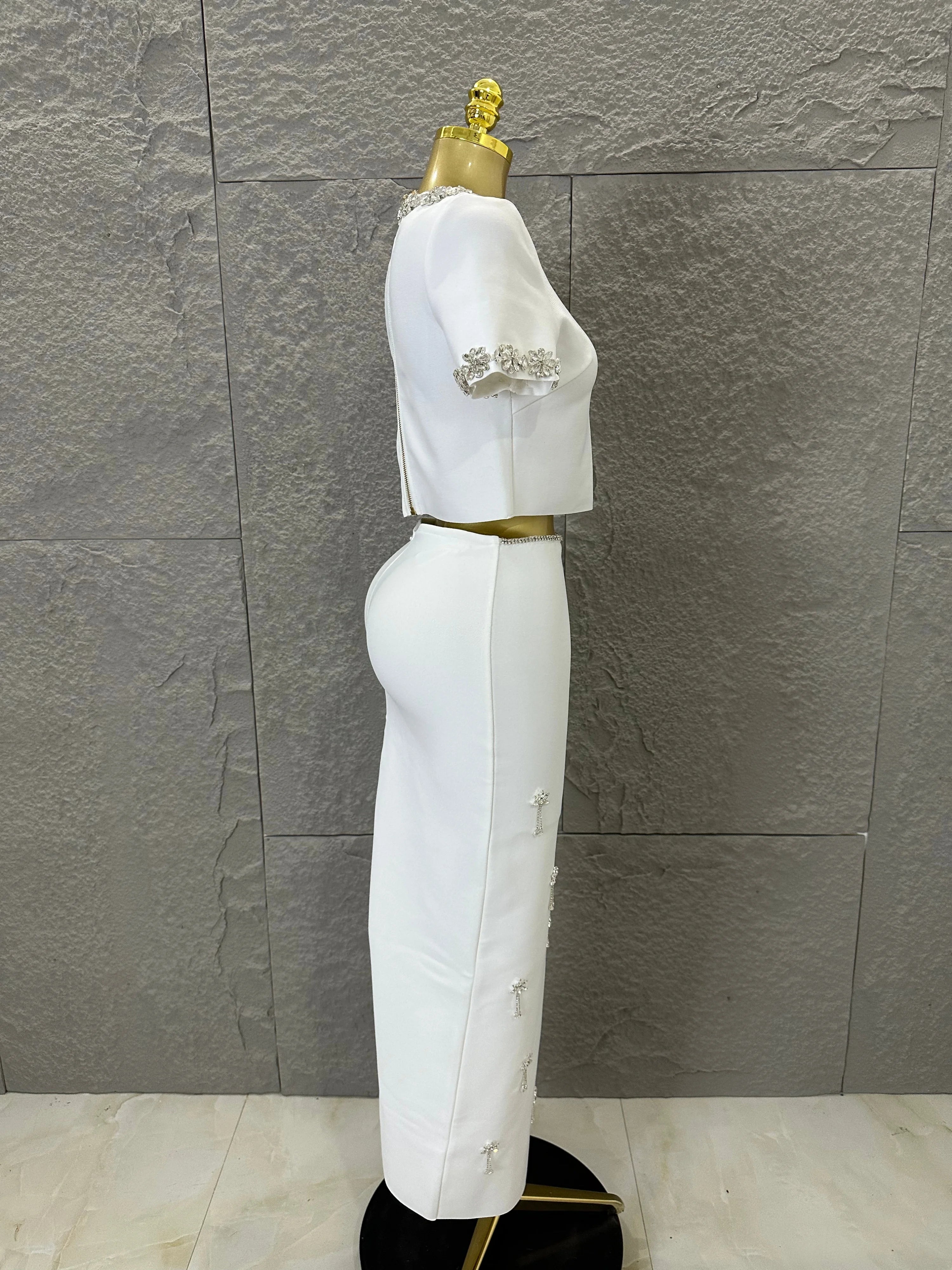 Black White Two Piece Set Women Elegant Short Sleeve Beaded Crop Top High Waist Pencil Midi Skirt Formal Suit