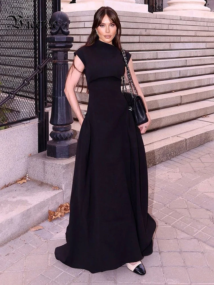 Casual Dress For Women Asymmetrical Collar Sleeveless High Waist Metal Button Pin Embellished Elegant Cocktail Party Wear