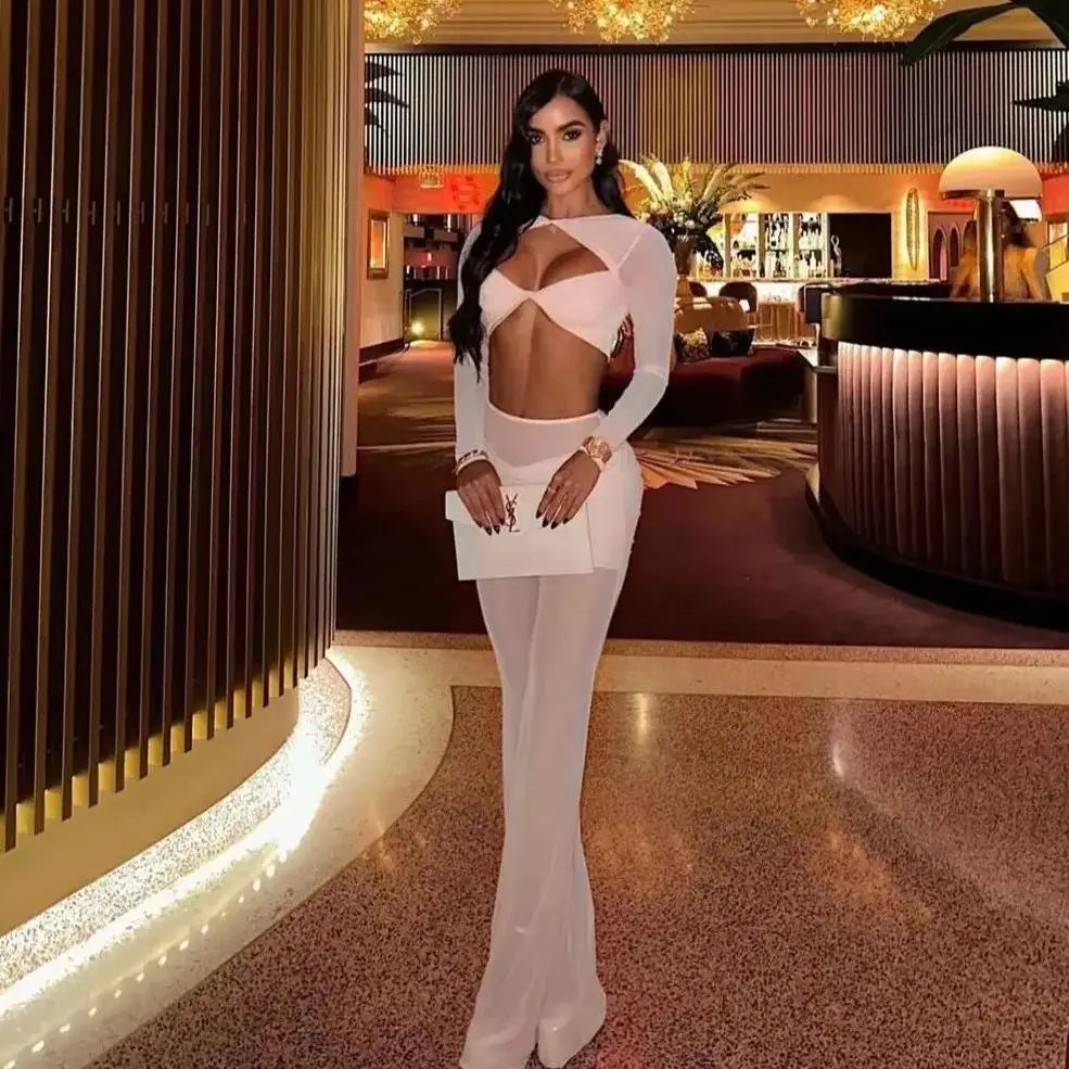 New Spring Mesh See Through Women Set Sexy Hollow Out Short Top And Flare Pants 2 Pieces High Stree Wear Evening Party Vestido