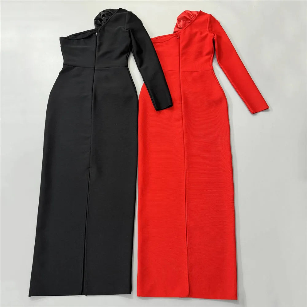 Black Red Women Sexy One Shoulder Big Florals Bodycon Long Bandage Dress Fashion Celebrate Nightclub Party Cocktail Dress