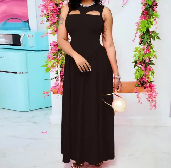 CM.YAYA 2024 Summer Sleeveless Sweet Cute O-Neck Hollow Out Slim Floor-Length Long Women Dress Beach Streetwear Maxi Dresses