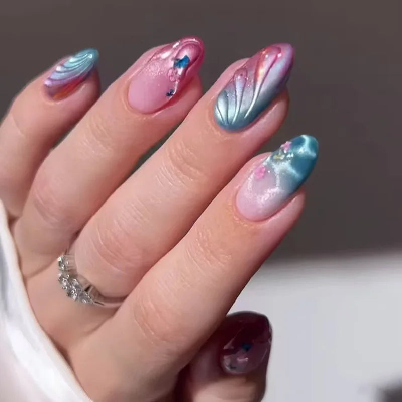24Pcs 3D Green Ripple Design False Nails Cat's Eye French Almond Fake Nail Tips Leaves Pattern Removable Oval Press on Nails 1982