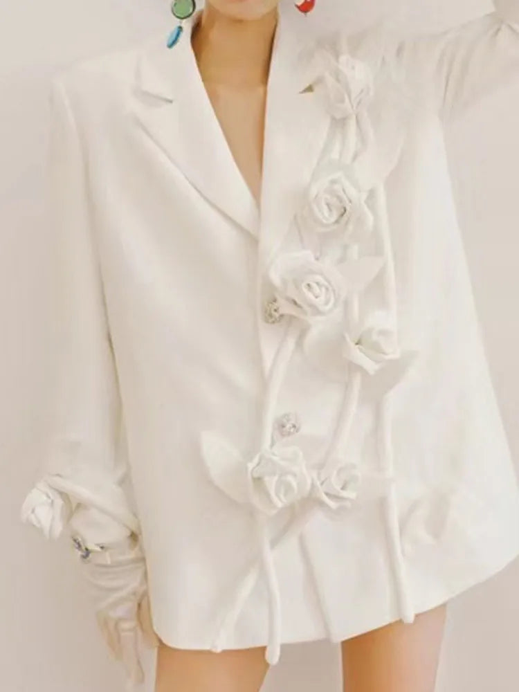 DEAT Fashion Women's Blazer Notched Collar Loose Diamonds Buttons Spliced Flower White Suit Jackets summer New 17A7225