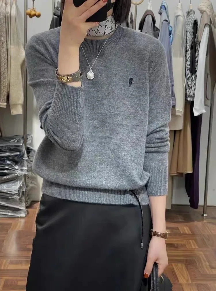 Women's Fashion Spring and Autumn Cashmere Embroidered Pullover O-neck New Soft and Comfortable Casual Long Sleeve Embroide grey