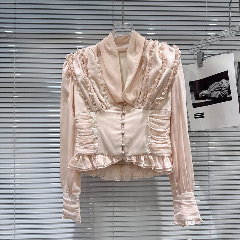 Winter New Sweet Temperament V-neck Heavy Pleated Edge Waist Design Chiffon Blouse For Women Small Shirt 11A07900 Pink