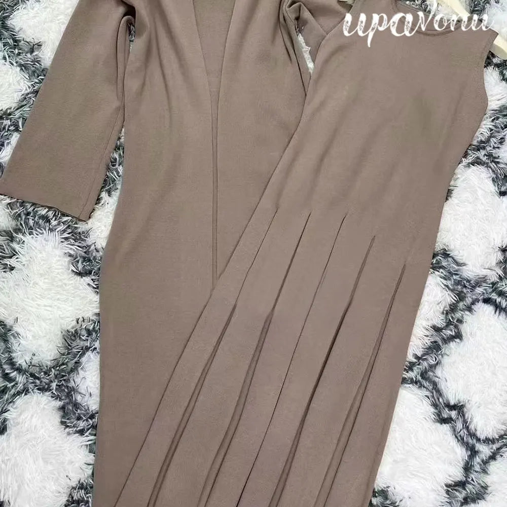 2024 Elegant Women'S Knitted Sweater Dresses Sets With Cardigan Long Jacket+Bodycon Pleated Long Knitted Dress Two-Piece Set Brown