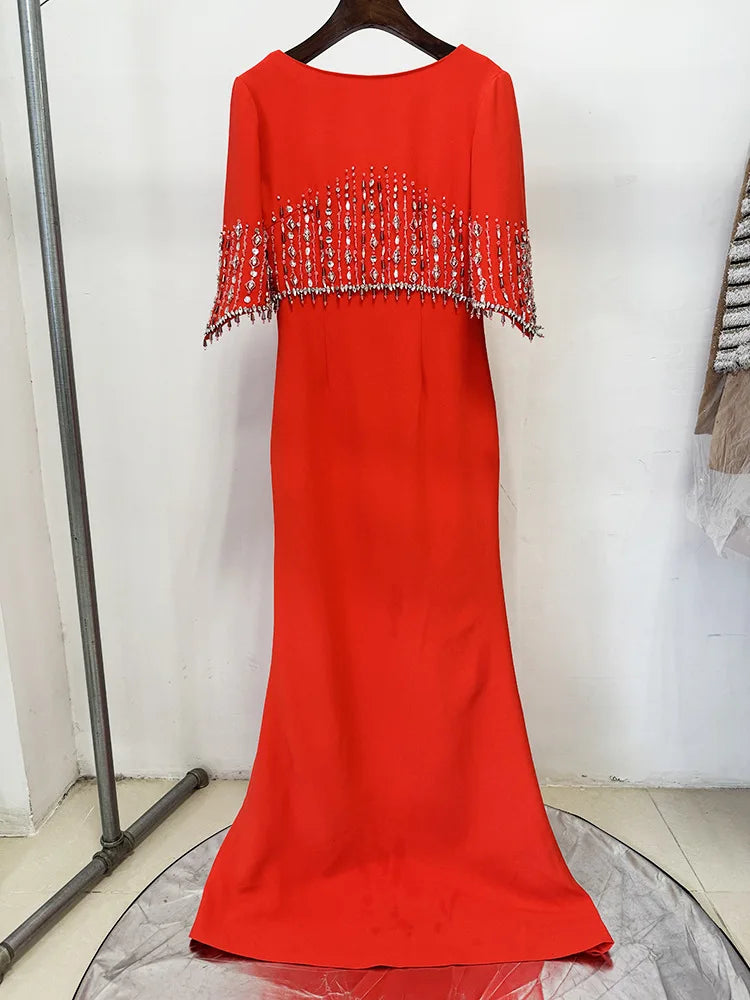 Slimming Elegant Midi Dresses for Women Round Neck Half Sleeves Patchwork Bead Luxurious Dress Female Clothing New