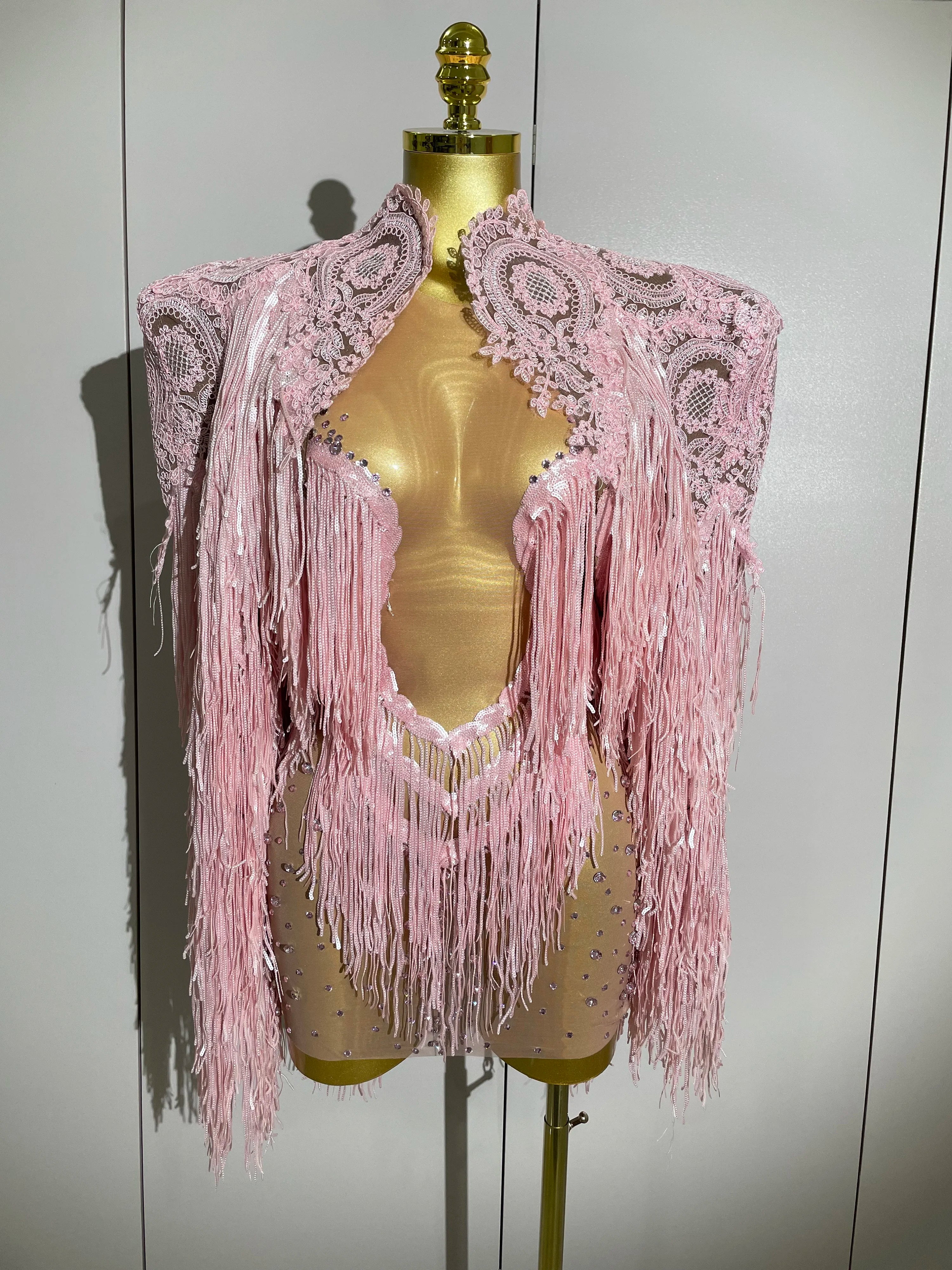 Luxury Sparkly Rhinestone Sequin Tassel Coat Skirt 2Pcs Women Birthday Party Nightclub Stage Performance Costume Pink