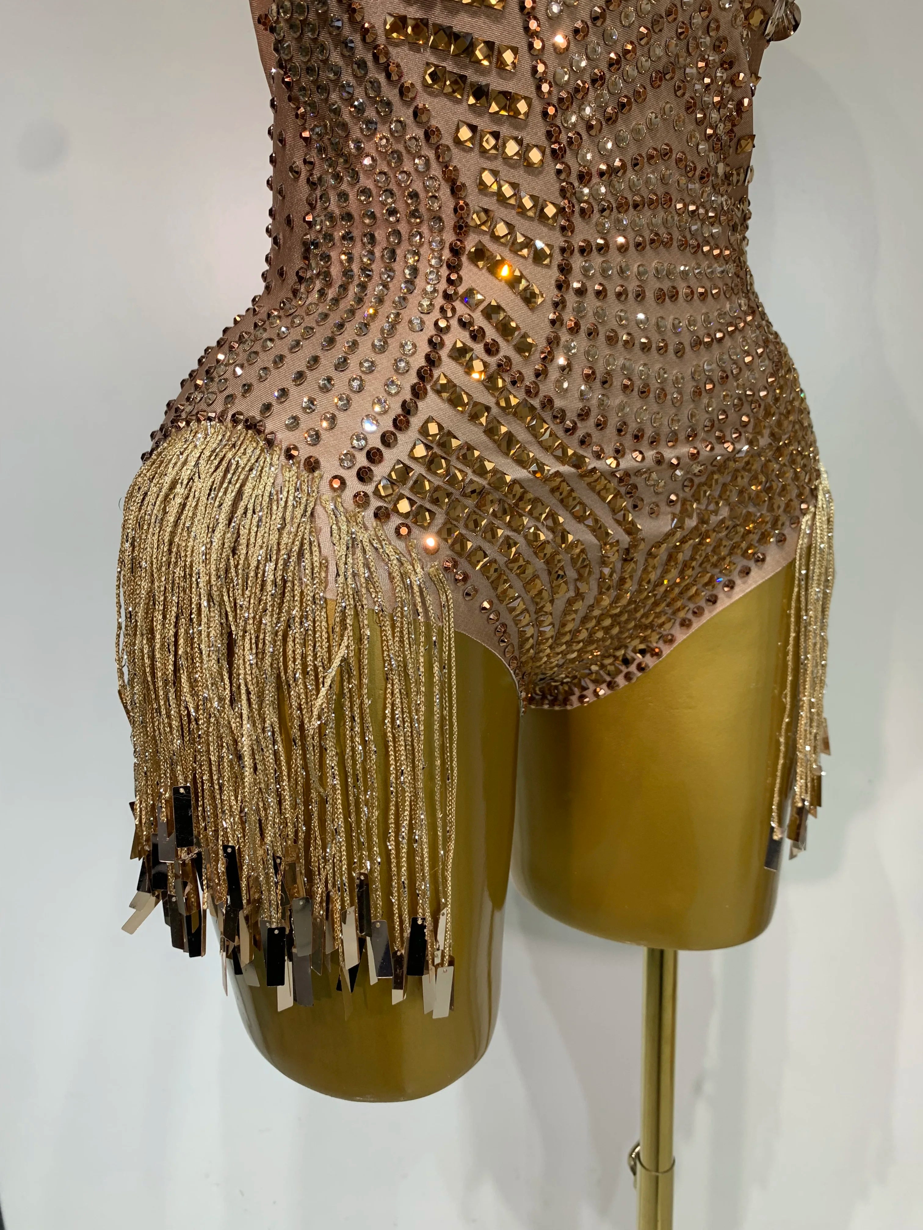 Luxury Sparkly Rhinestones Tassels Sequins Bodysuit Women Sexy Halter Backless Stage Performance Costume Club Birthday Outfit