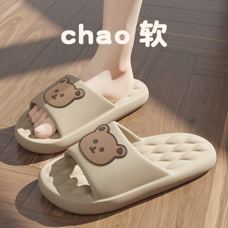 Solid Bear Slippers Cartoon Graffiti Shoes Women Summer Flip-Flops Beach Sandals Thick Platform Soft Cozy Casual Home Slippers 5425khaki