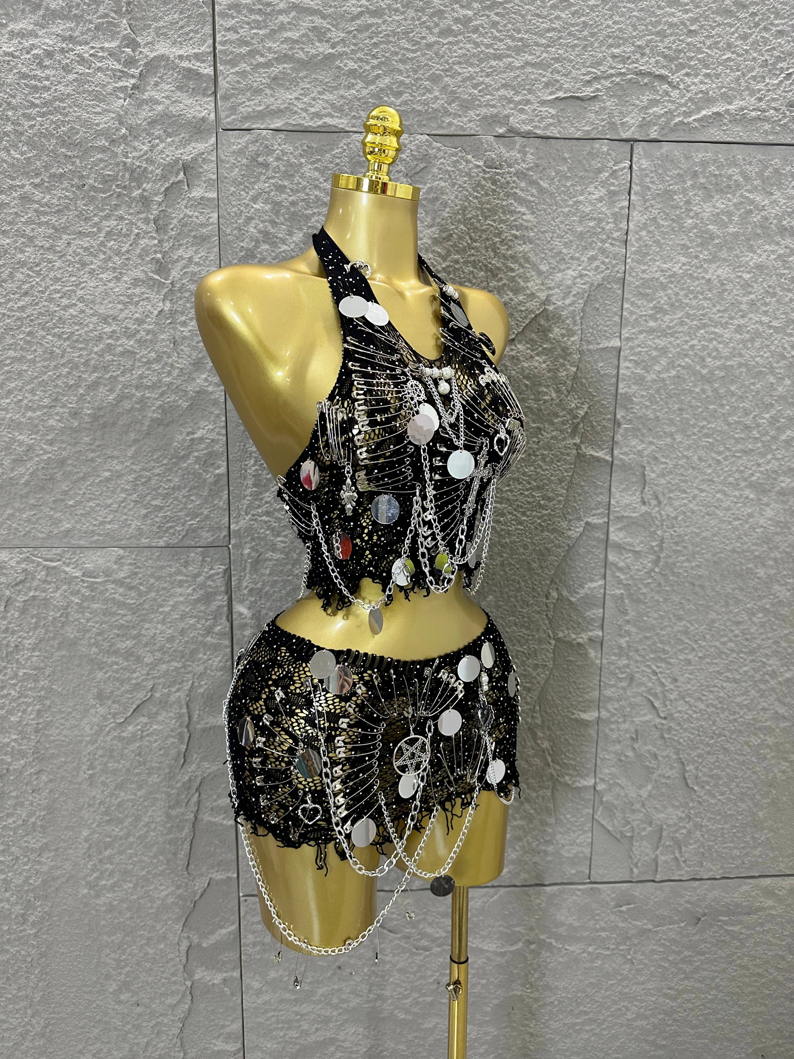 Women Sexy Safety Pin Lace Two Piece Set Halter Neck Sequin Embellished Crop Top & Mini Skirt Outfit Stage Performance Costume