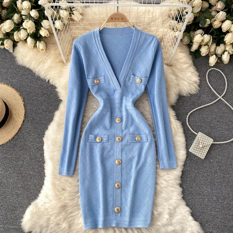 Women Knitted Pencil Dress Korean Long Sleeve V Neck Elastic Slim Dress Autumn Winter Sexy Bodycon Warm Sweater Dress Blue One Size