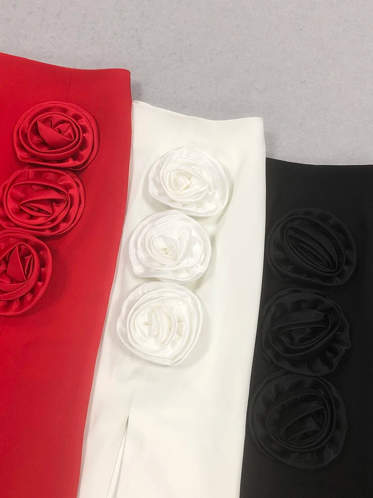 Stylish Chic Casual Red High Waisted Midi Bandage Dress Three Dimensional Roses and Slits Party Outdoor Skirt