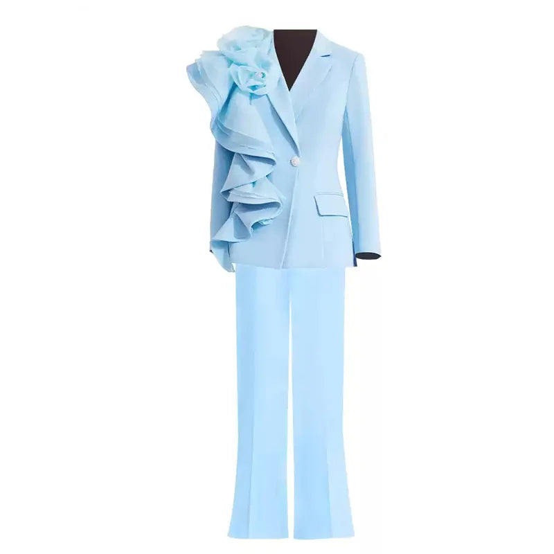 Solid Slimming Spliced AppliqueTwo Piece Set for Women Lapel Long Sleeves Patchwork Fold Top Pants Sets Female New BLUE