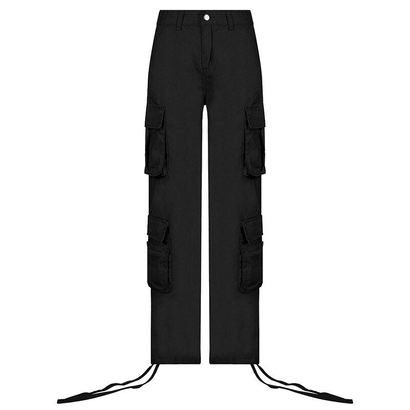 PASSIONNÉ Trousers for Women High Waist Pockets Lace-up Wide Leg Pants Female Vintage Streetwear Style 2024 Fashion New Black