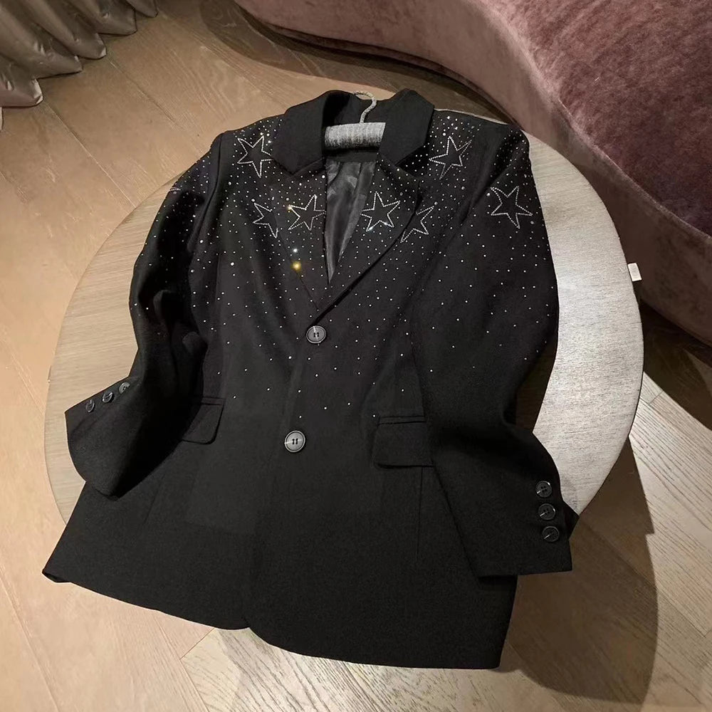 Solid Spliced Bedazzle Jackets for Women Lapel Long Sleeves Patchwork Single Breasted Temperament Jacket Female New