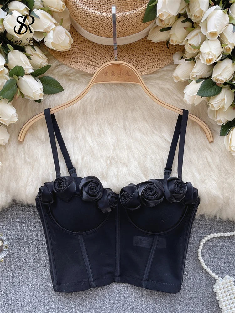 SINGREINY Female Rose 3D Flower Sexy Camisole Sleeveless Strapless Short Tank Tops Women Sheath Corset Streetwear Camis black