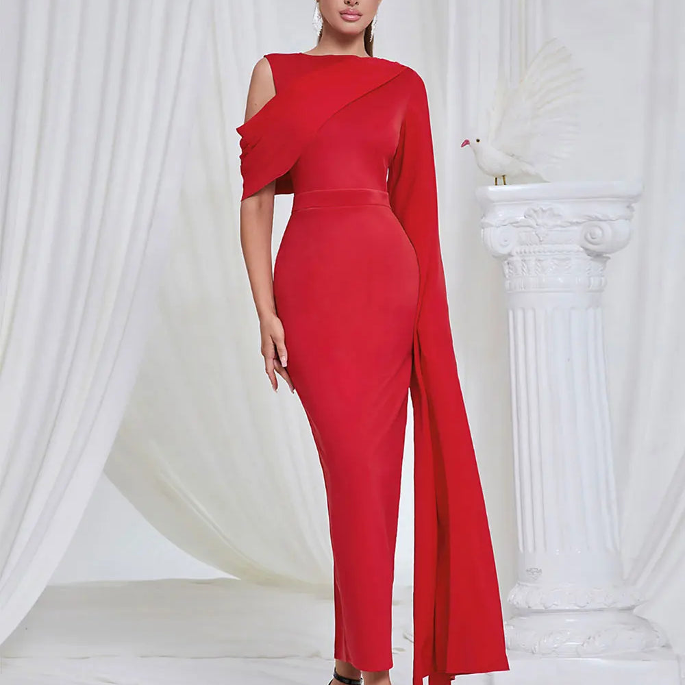 2024 Chic and Elegant Women's Red Dress O-neck Single Shoulder Oversized Trumpet Sleeve Bodycon Long Dress Evening Party Vestido