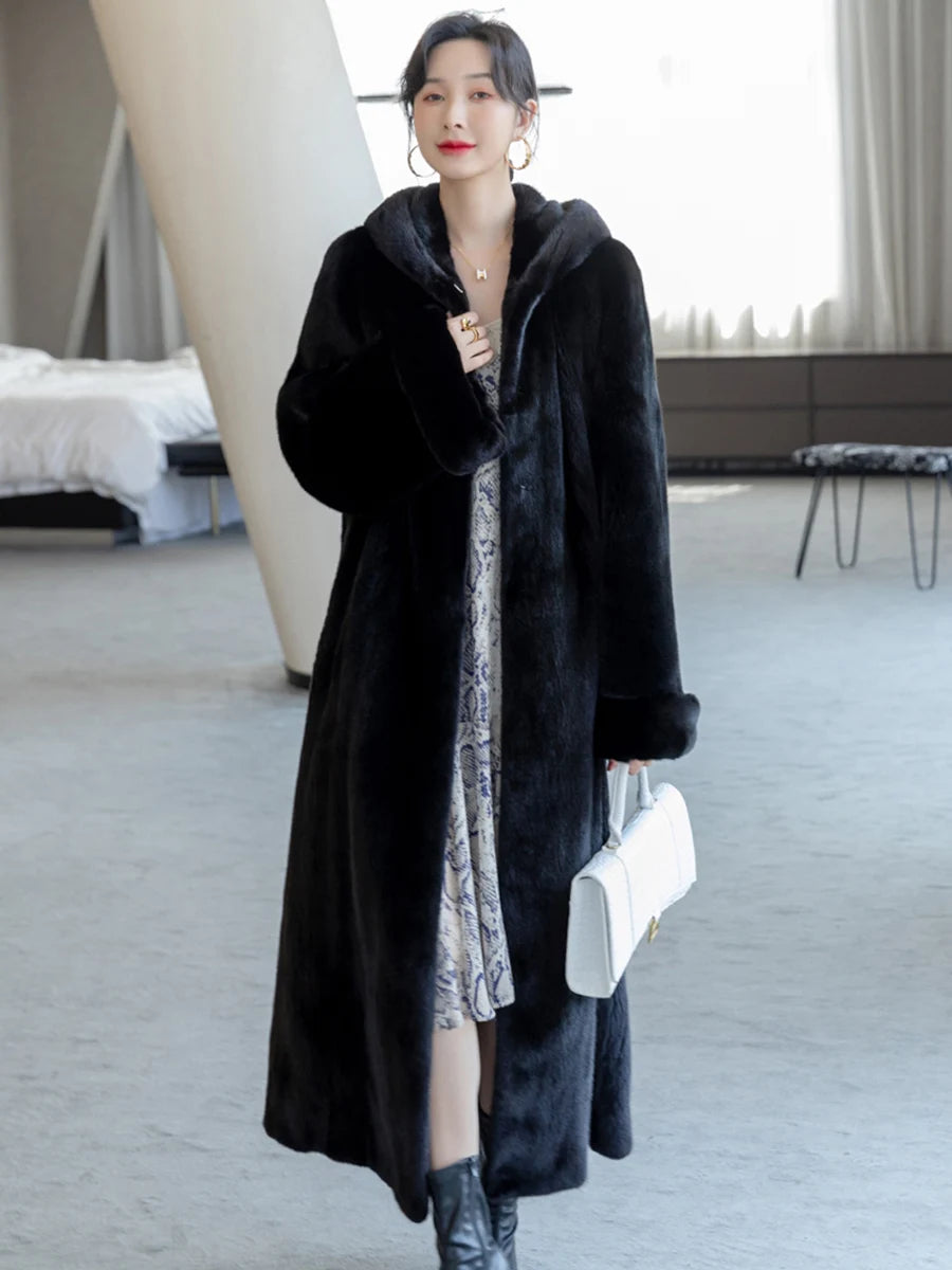Lautaro Autumn Winter Long Luxury Elegant Thick Warm Fluffy Soft Faux Mink Fur Coat Women with Hood Loose Furry Overcoat 2025