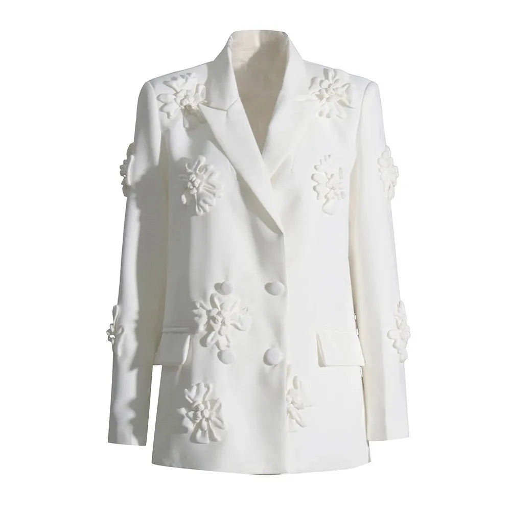 Solid Patchwork Appliques Two Piece Sets For Women Lapel Long Sleeve Coat High Waist Pant Chic Set Female Clothing WHITETOP