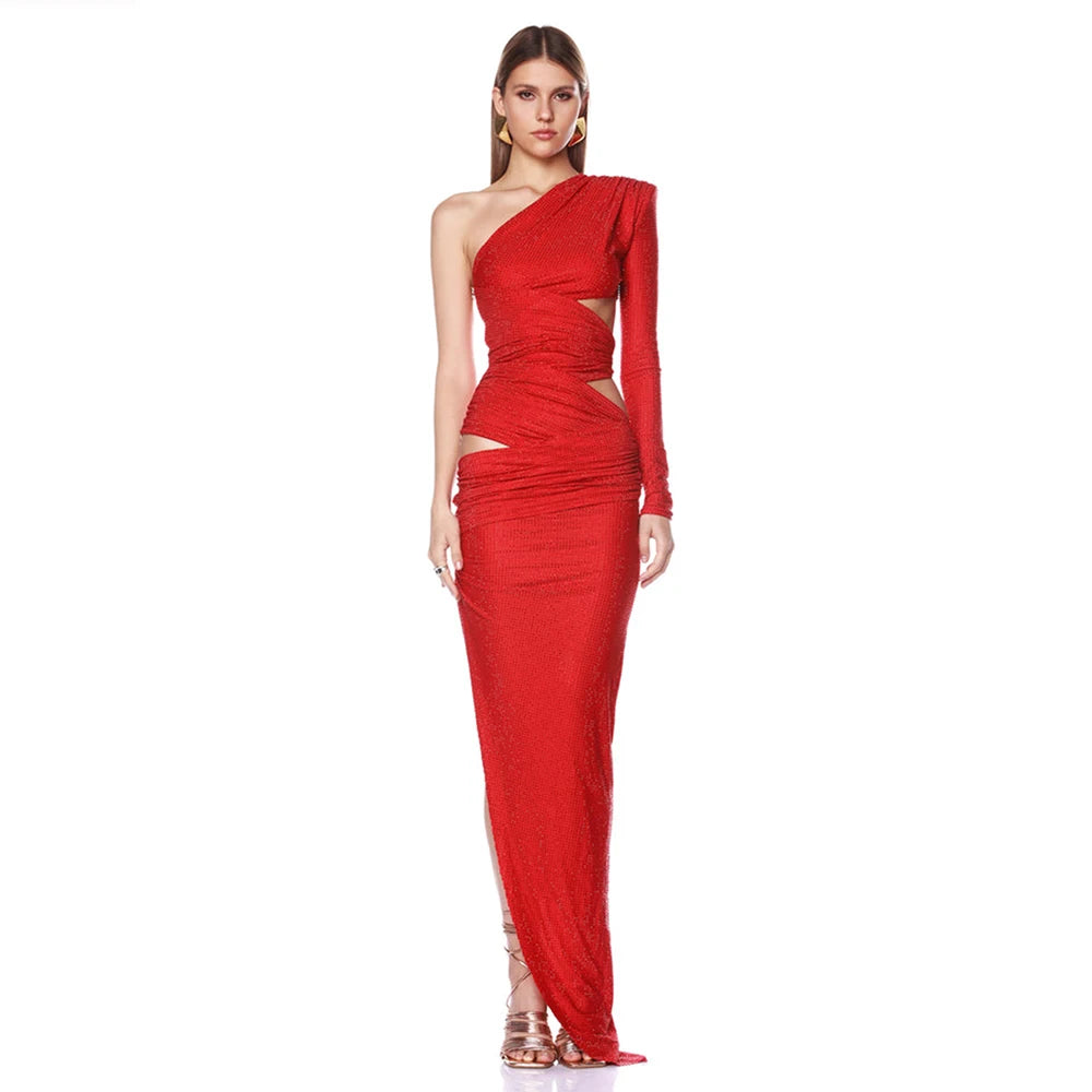 Sexy One Shoulder Hollow out Diamonds Long Dress Women Asymmetrical Cut Out Luxury Rhinestone Slim Dresses Evening Party Gowns Red