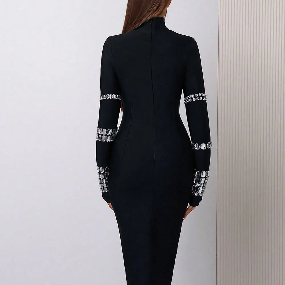 2025 Elegant Women's Bead Design Bandage Dress High Neck Long Sleeve Bodycon Flute Dress Cocktail Evening Party Vestidos