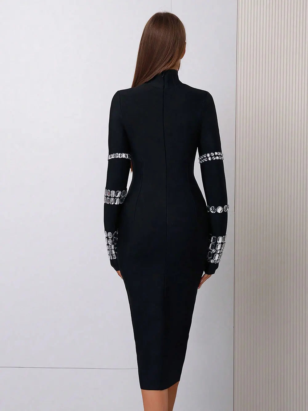 2025 Elegant Women's Bead Design Bandage Dress High Neck Long Sleeve Bodycon Flute Dress Cocktail Evening Party Vestidos