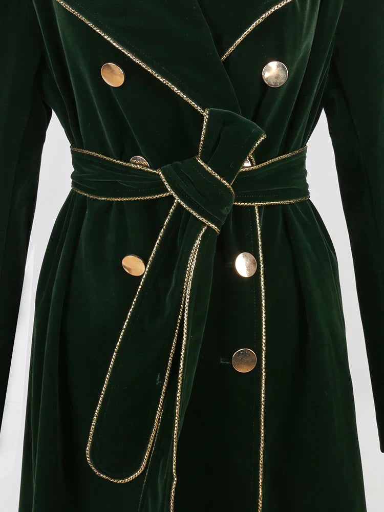 Spring Autumn Long Black Velvet Trench Coat for Women with Gold Trim Sashes Double Breasted Luxury Designer Fashion 2022 Green