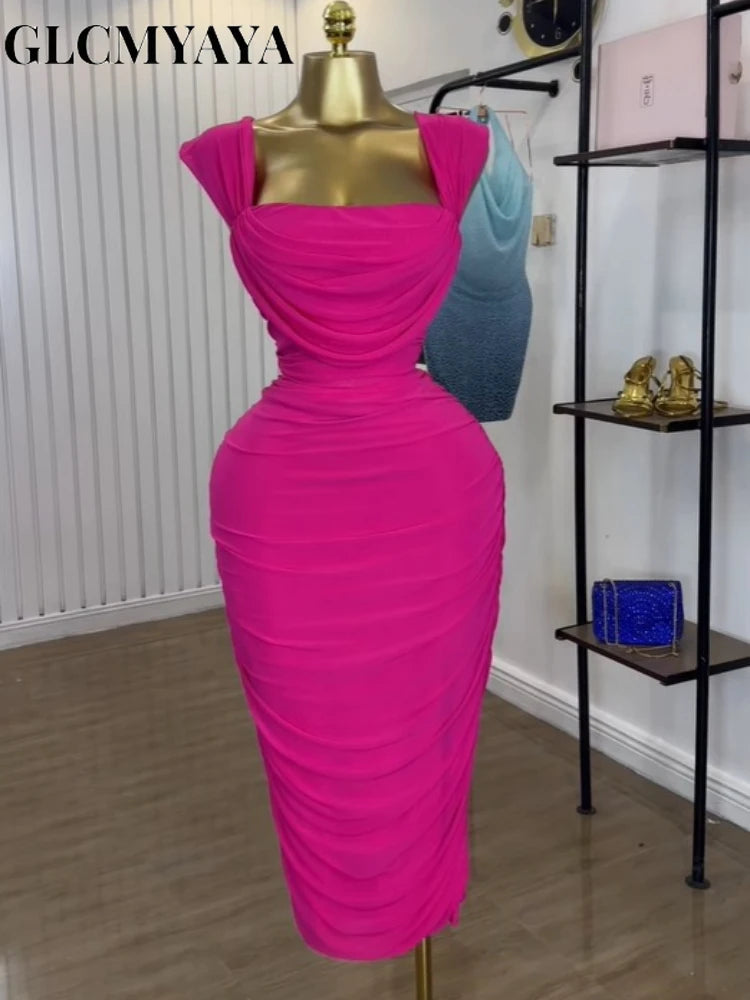 GLCMYAYA Fashion Stacked Ruched Women's Dress Set Crop Tops and Bodycon Midi Maxi Skirts Suit Vacation Two 2 Piece Set Outfit Rose Red