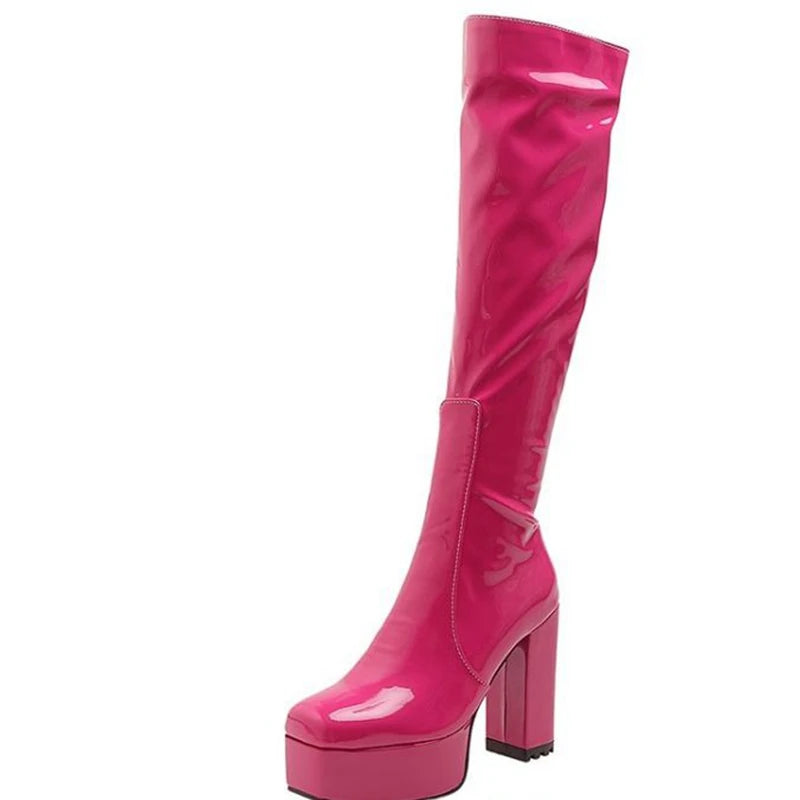 SIMLOVEYO Platform Knee High Boots Toe Block Heels Rubber Size 34-43 Black White Blue S2729 Red