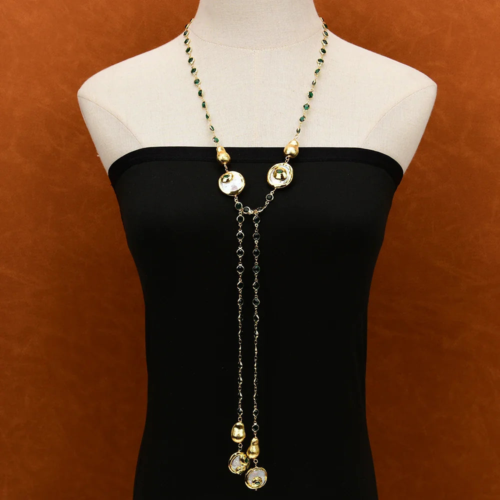 GG 46" Natural Cultured White Coin Pearl Green Crystal Paved Brushed Bead Long sweater chain Necklace