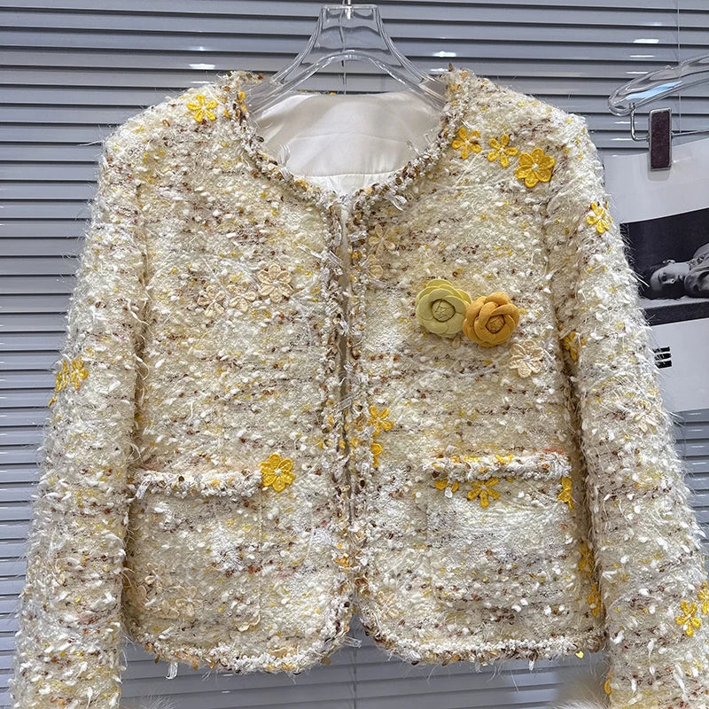 Winter New High-End Fashion Fox Fur Sleeve Tweed Cotton Liner Short Coat For Women Elegant Jacket Female 11A07868