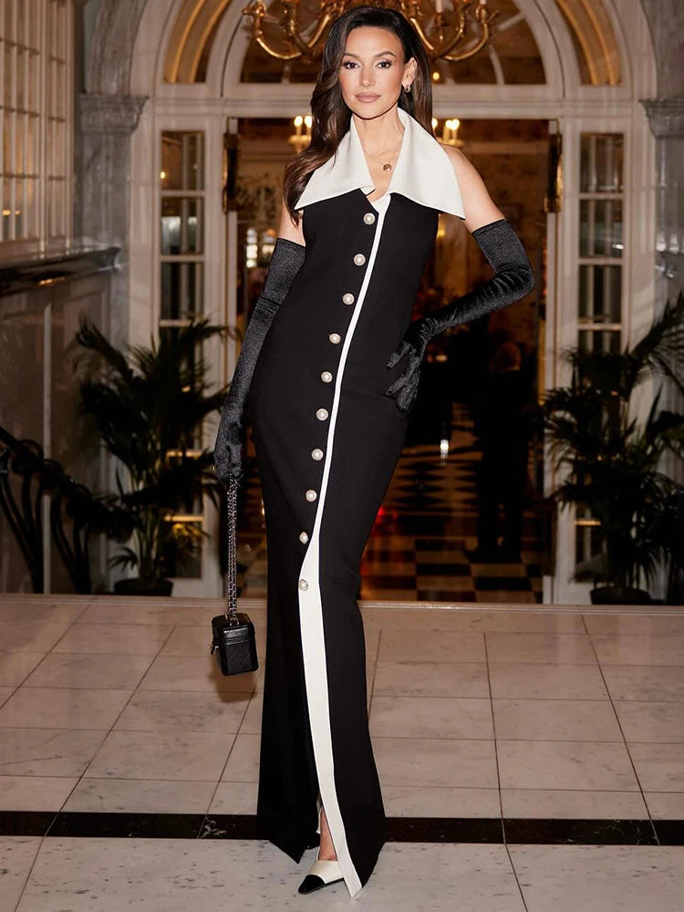 Formal Pearl Button Pleat A-line Black Midi Dress Color Contrasting Turndown Collar Single Breasted Party Evening Gowns