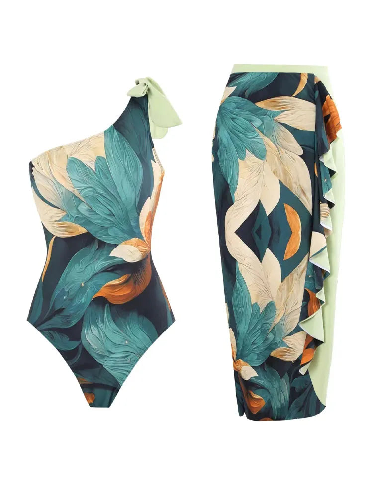 Sexy One Shoulder Printed Swimwear Women 2023 Vintage High Waisted One Piece Swimsuit with Cover Up for Beach Vacation, Swim