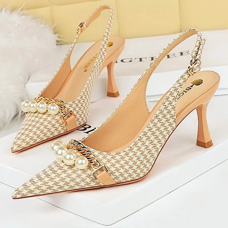Spring Women Pumps Pearl Metal Chain High-heels Checked Grain Stilettos Women's Heels Luxury Banquet Shoes 43