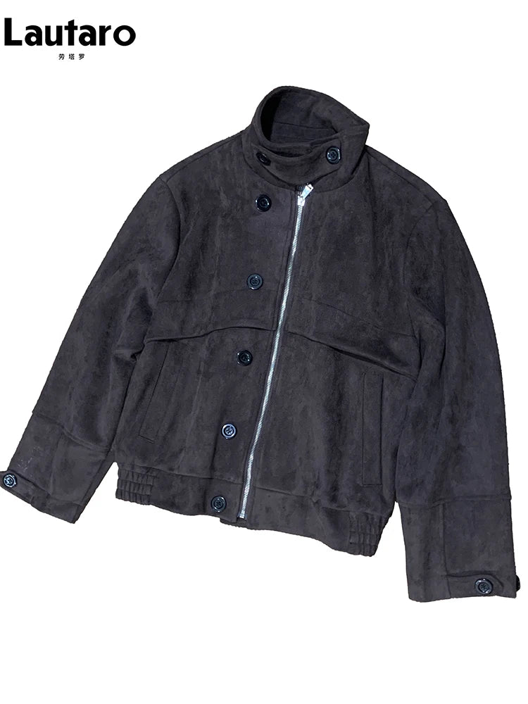 Lautaro Autumn Short Windproof Soft Brown Faux Suede Leather Jacket Men with Plaid Lining Inside Elegant Luxury Designer Clothes Brown