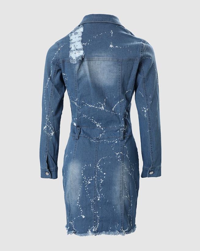 Women's Dresses 2024 Spring Fashion Ink Splash Ripped Raw Hem Button Front Casual Turn-Down Collar Long Sleeve Mini Denim Dress