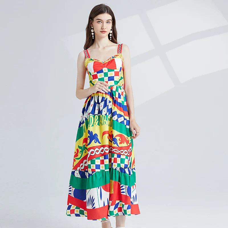 JAMERARY Floral Midi Long Rainbow Stripe Dress Women Fashion Runway Summer A Line Elastic Back Letters Print Vestidos 2023 New