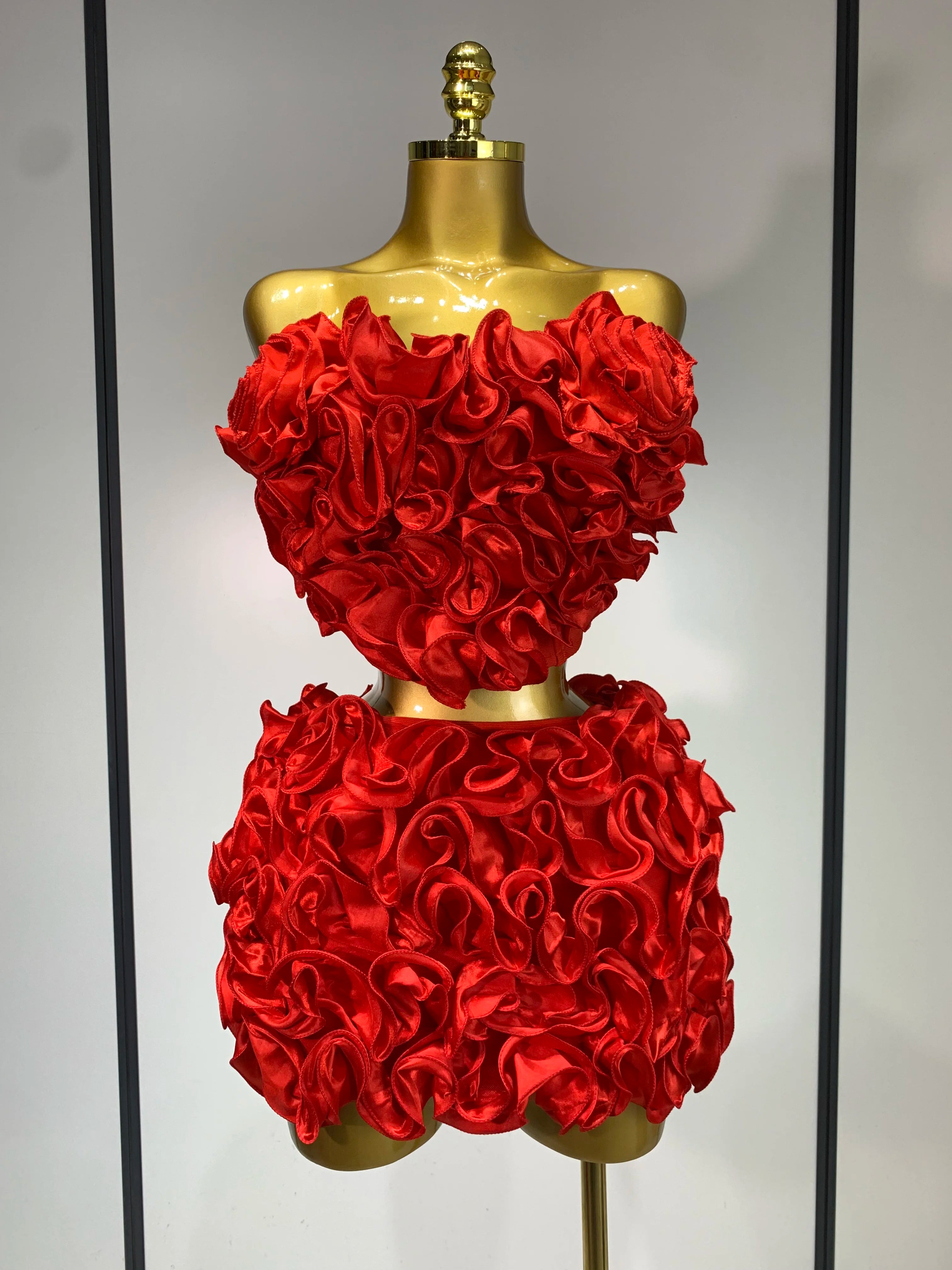 Women Sexy Strapless Red flower Top With Mini Skirt Bodycon Bandage Suit Celebrity Party Cocktail Birthday Two Pieces Set Red