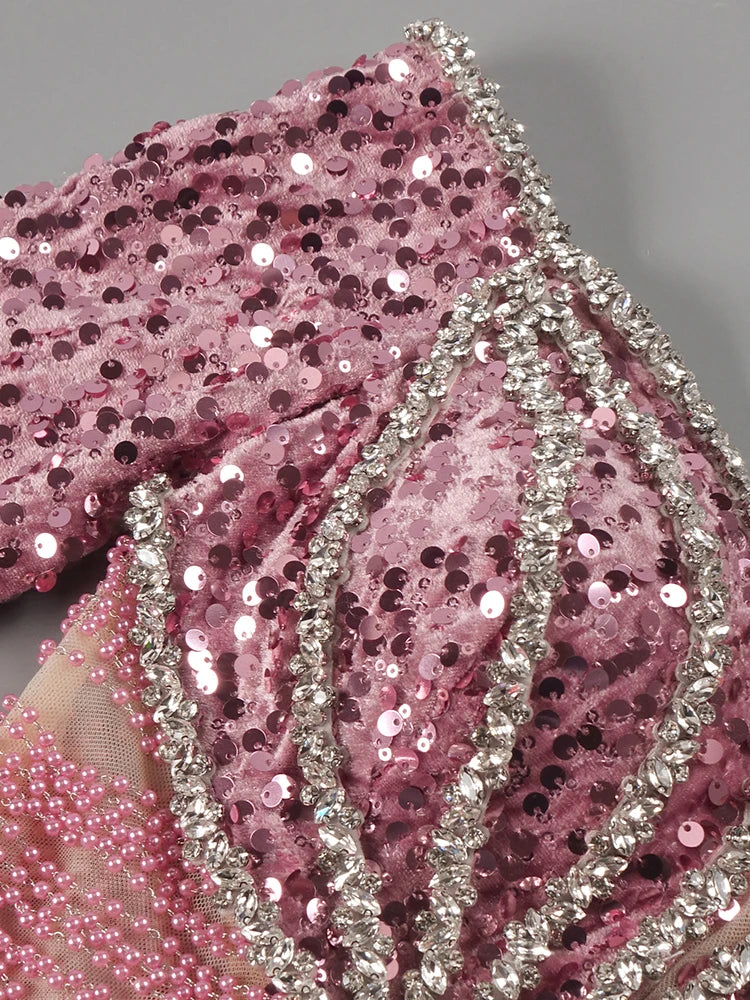 Pink Sparkly Sequins Long Dress Pearls Chains Design Off the Shoulder Long Sleeves Formal Occasion Mermaid Party Evening Gown