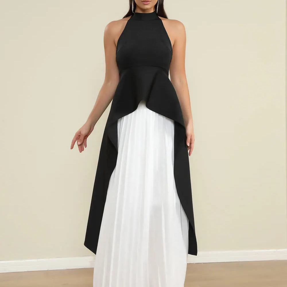2025 Elegant Women's Loose pleated Long Dress with Stand up Collar and Sleeveless Black and White Dress Fashion Banquet Vestidos