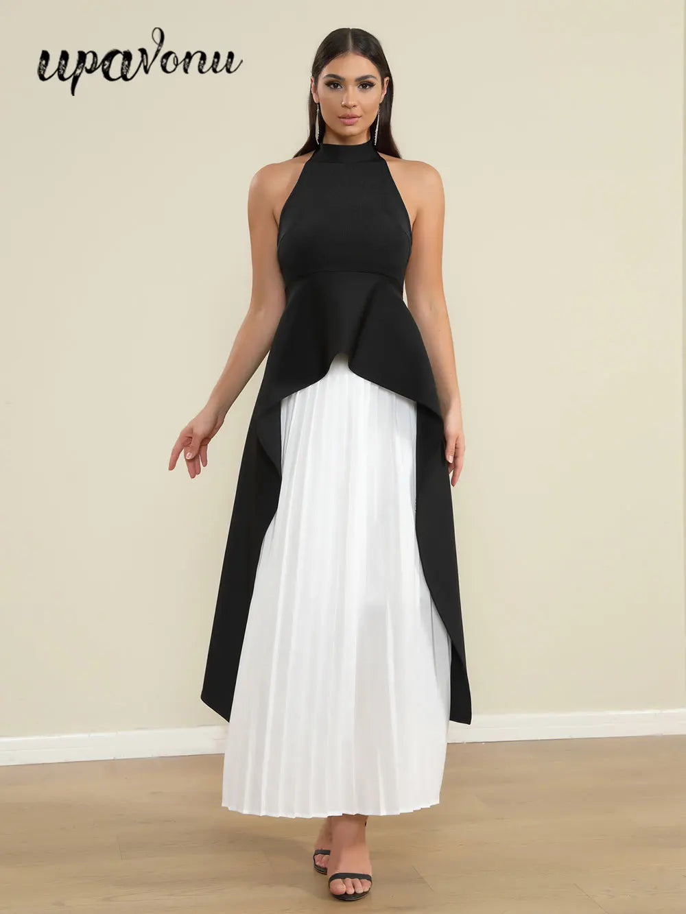 2025 Elegant Women's Loose pleated Long Dress with Stand up Collar and Sleeveless Black and White Dress Fashion Banquet Vestidos