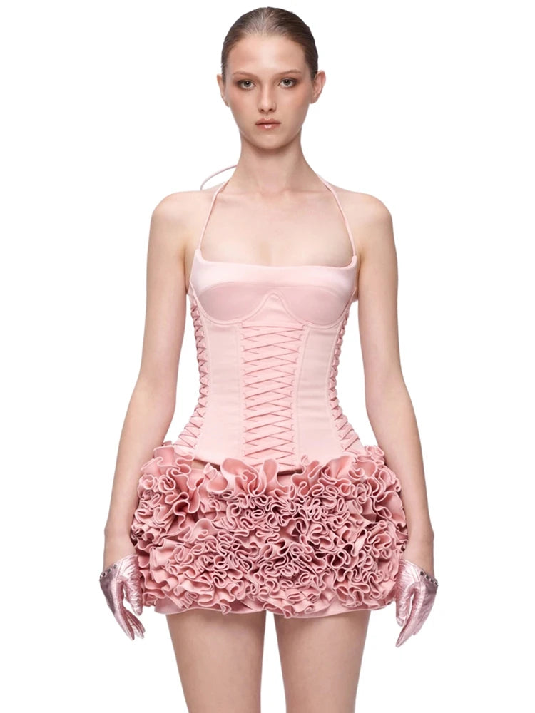 Dreamy Adorable Pastel Pink Two-Piece Set Dress Halter Corset Top and Ruffled Mini Skirt for Trendy Occasions Evening Gown