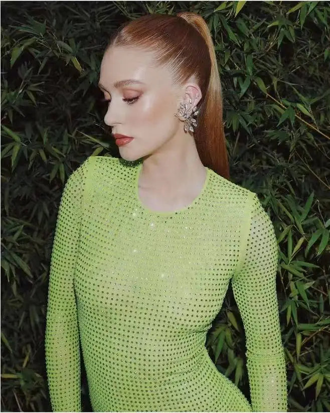 2023 Long Sleeve Diamond Mesh See Through Sexy Bodycon Long Dress Celebrity Nightclub Party Dress Vestido