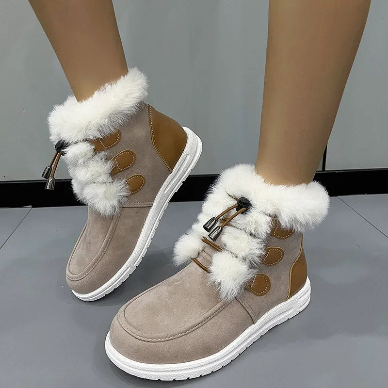 Women's Snow Boots 2024 Faux Fur Long Plush Ankle Boots Women Elastic Band Warm Winter Botas Mujer Non-Slip Cotton Padded Shoes Beige