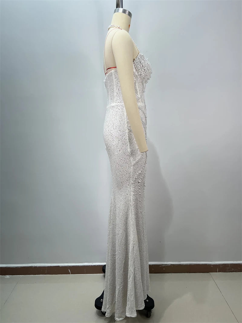 2025 New Pink Sequins Sexy High Slit Strapless Long Dress Graceful Woman Wedding Party Dress Red Carpet Goddess Vestido