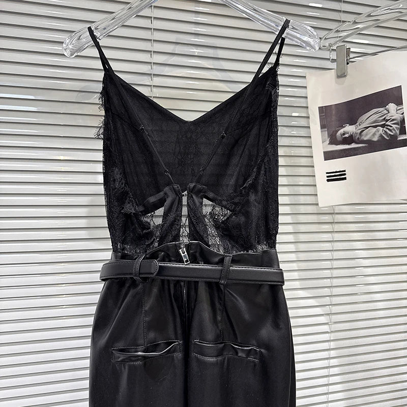 Winter New Fashion Lace Patchwork Belted Waist Slimming Base Camisole Dresses For Women Backless Dress Female 11A07669