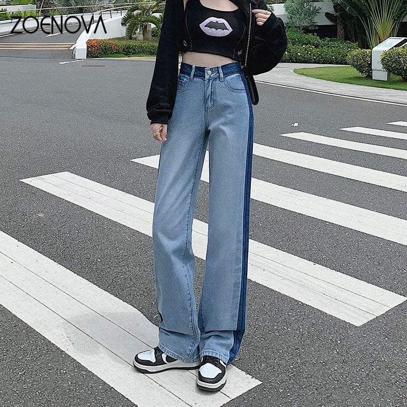 ZOENOVA Loose Women Jeans Spring Straight Wide Leg Pants Trendy Harajuku Streets Y2K High Waist Contrast Stripes Denim Trousers